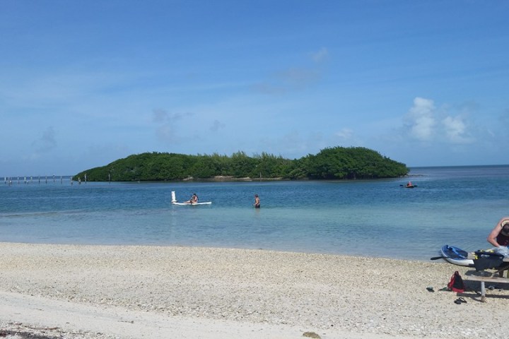 a group of people on a beach near a body of water