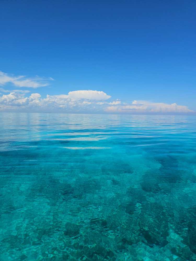 Clear blue ocean under a bright blue sky with scattered clouds.