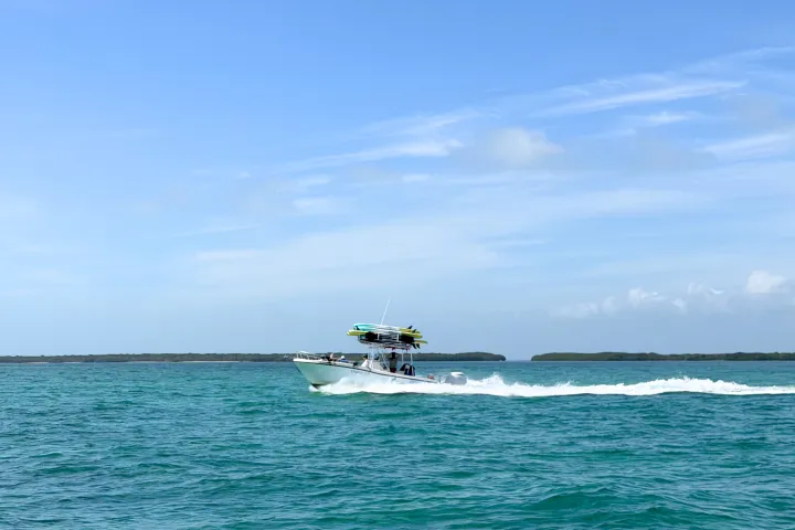 Boat speeding on turquoise ocean with clear blue sky.