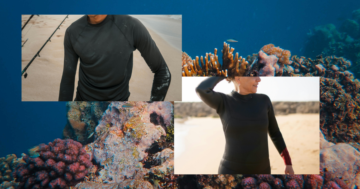 Two images of a person in a black wetsuit near the beach and coral reef.